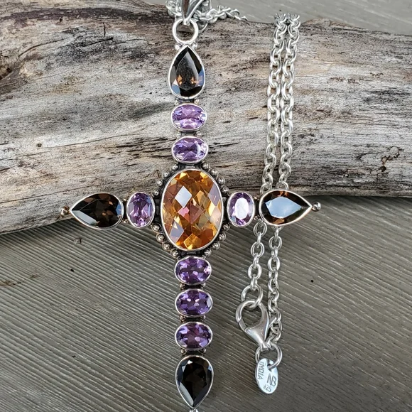NICKY BUTLER NB 925 Sterling Silver Amethyst Smoky Quartz Cross Pendant Necklace - Picture 4 of 12